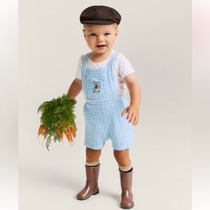 Posh Peanut Peter Rabbit Garden Gingham Blue French Terry Short Overalls NWT